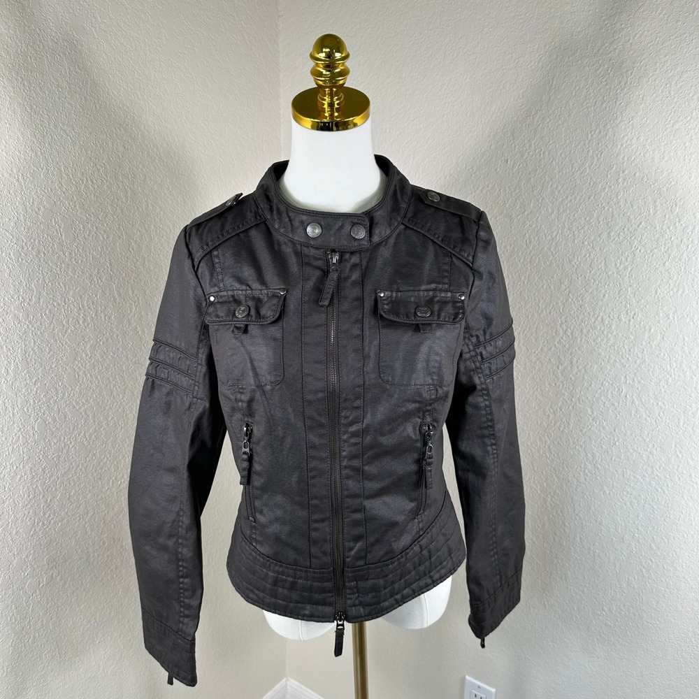 Blanc Noir Moto Jacket Women Medium Brown Coated Cotton Biker Edgy Rocker Goth